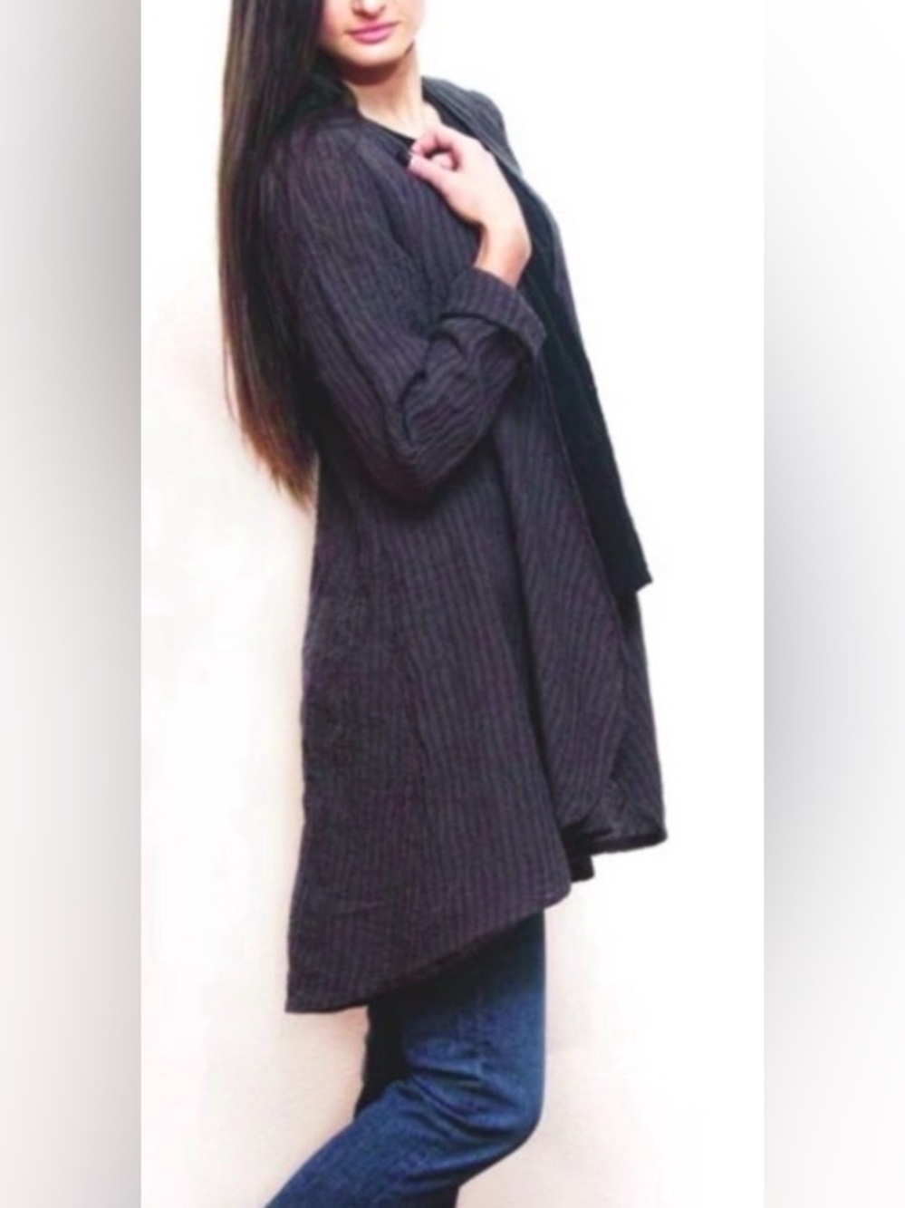 Goddess Gear Linen Jacket Black Organic Textured Open Front Long Mid-Weight L
